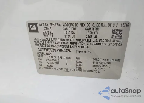 2010 Cadillac Srx Performance Collection z USA, uszkodzony, nr VIN 3GYFNBEY8AS640726